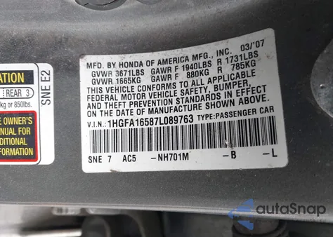 2007 Honda Civic Lx z USA, uszkodzony, nr VIN 1HGFA16587L089763